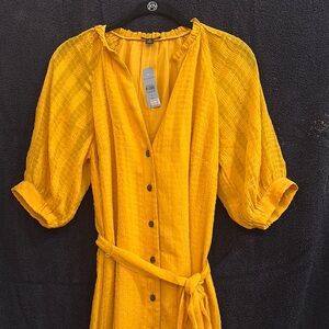 Ann Taylor Mustard Yellow Midi Dress with Waist Tie